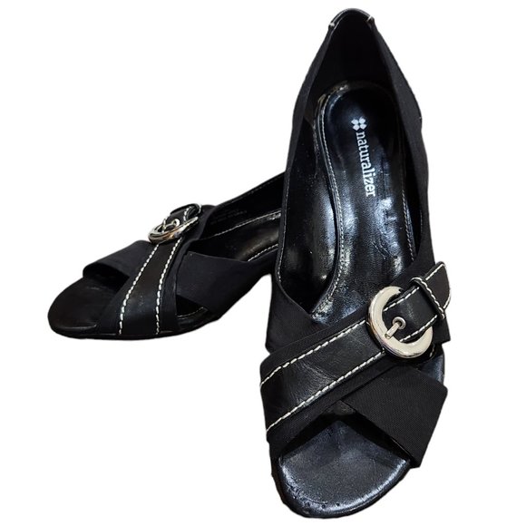 Naturalizer Black Open Toe Leather Heels Pumps Shoes 6.5M - Picture 1 of 8